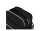 A black insulated lunch bag with a zipper and a handle, featuring a mesh pocket. It has a logo on the side.