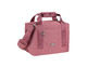 A pink insulated cooler bag with adjustable straps and a front zip pocket, featuring a logo.