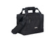 A black insulated cooler bag with adjustable straps and a front pocket, featuring a logo.