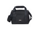 A black insulated cooler bag with adjustable straps and a front zip pocket, featuring branding on the straps.