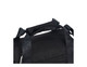 A black insulated cooler bag with adjustable straps and a detailed handle, featuring a logo.