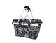 A black and white floral insulated carry basket with a lid and silver handles. It has a branded logo.