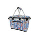 A patterned insulated carry basket with a lid, featuring blue and white designs and metallic handles.