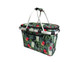 A floral-patterned insulated carry basket with a lid, featuring green, red, and black colours, and an exterior pocket.