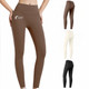 High-waisted elastic LYCRA yoga leggings in brown, white, and black. Features a logo on the brown pair.