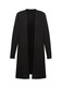 A black longline cardigan with an open front and long sleeves, featuring a subtle logo.