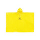 A yellow PEVA rain poncho with a hood, featuring a logo at the centre. Suitable for outdoor use.