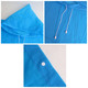 A blue reusable PEVA screen print rain poncho with a hood, drawstrings, and snap button detail.