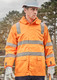 A waterproof unisex jacket in bright orange with reflective strips, designed for workwear, featuring a logo.