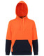 A bright orange and navy two-tone water-resistant fleece hoodie featuring a hood and front pocket. Includes a logo.