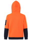 A two-tone water-resistant fleece hoodie in high-visibility orange with navy sleeves and a hood, featuring a logo.
