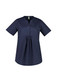 A navy blue women's tunic scrub top with a buttoned placket and short sleeves, featuring a relaxed fit.