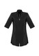 A black women's tunic featuring a zip front, three-quarter sleeves, and two front pockets.