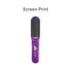 A folding hair brush with a mirror, featuring a purple handle and a black textured grip. It has a branding logo.