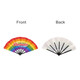 A plastic hand fan featuring a rainbow design on the front and a plain white back with black spokes.