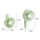 A foldable USB handy fan in light green, featuring adjustable heights, with detailed dimensions shown.