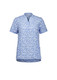 A blue and white tunic featuring a stardust print, with a v-neck and short sleeves. It has a branding logo.