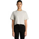 A cropped, heavy faded t-shirt in light grey, displayed on a model with black jeans. The shirt has a logo.