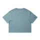A light blue, cropped t-shirt featuring a plain back and short sleeves, with a logo present.