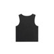 A black organic rib crop tank with a sleeveless design and a simple back. It features a logo on the fabric.