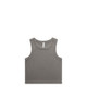 A grey organic rib crop tank top with a round neckline and sleeveless design, featuring a logo.