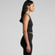 A black active crop tank top with a fitted design, paired with black leggings, displayed on a model from the side.