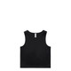 A black crop tank top with a simple design, featuring a logo on the back and wide straps.