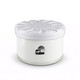 A round white air freshener container with a lid, featuring a simple logo. The base has a clear, light design.