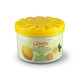 A cylindrical container of air freshener in yellow, with a lemon scent, featuring a logo and ingredients list.