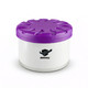 A round container with a purple lid and a white base, featuring a logo on the side.