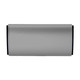 A silver car air freshener with a sleek design. It has a black accent and features a logo.