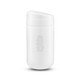A white reusable coffee cup with a lid and a logo, designed for hot beverages.