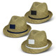 A set of three Santiago Fedora Hats in natural straw with black, navy, and white bands, featuring branding on each.