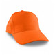 An orange cap with a curved brim and a structured design, featuring a logo on the front.