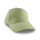 A green cap with a curved brim and adjustable back, featuring a logo on the front.