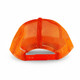 An orange 5-panel trucker cap featuring a mesh back and an adjustable snap closure.