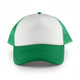 A green and white trucker cap featuring a solid front panel and mesh sides, complete with a logo.