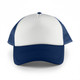 A white and navy blue 5 panel trucker mesh cap featuring a structured front and mesh sides.