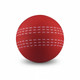 A red high bounce cricket ball with white stitching patterns and a smooth surface. The ball features a logo.