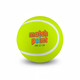 A bright yellow tennis ball with white seams and a logo on the surface.