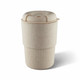 A drink bottle in a beige eco-friendly material with a ribbed base and a lid, featuring a logo.