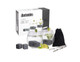 A gin set with four glass tumblers, grey cooling stones, a tong, and a black storage pouch, all in a box.