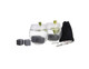 A drink set featuring two clear glasses with drinks, grey ice cubes, tongs, and a black storage pouch.