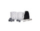 A drink set featuring two clear crystal whisky glasses, grey whisky stones, a pair of tongs, and a black storage pouch.