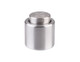 A drink bottle stopper in stainless steel with a smooth, rounded top and a logo embossed on the surface.