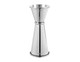 A stainless steel spirit measure with 15ml and 30ml measurements, featuring a sleek, shiny finish and a logo.