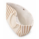 A tan and cream striped tote bag with an inner lining and two handles. It has a snap closure.