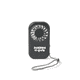 A black mini pocket fan with a circular grille and a wrist strap. It features a logo on the front.