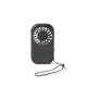 A compact grey mini pocket fan with a circular blade and a wrist strap for easy carrying. It has a logo visible.
