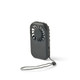 A mini pocket fan in black with a textured design and a detachable strap for easy carrying.